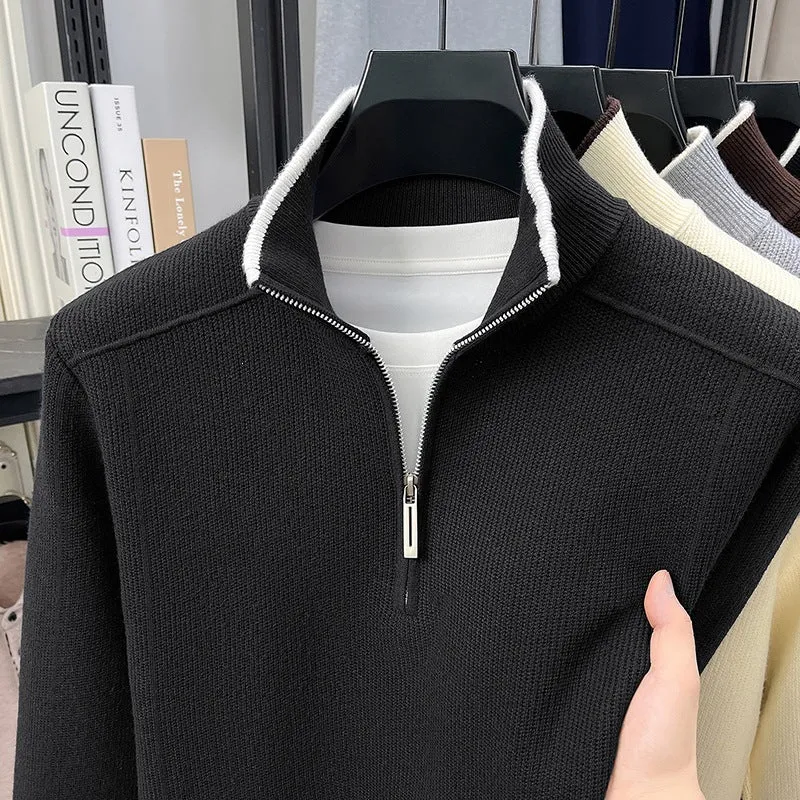 Herren Halbzip-Strickpullover mit Strukturstrick und kontrastiertem Stehkragen Drune