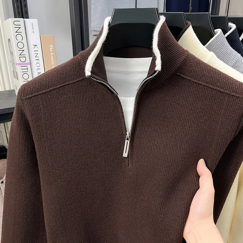 Herren Halbzip-Strickpullover mit Strukturstrick und kontrastiertem Stehkragen Drune