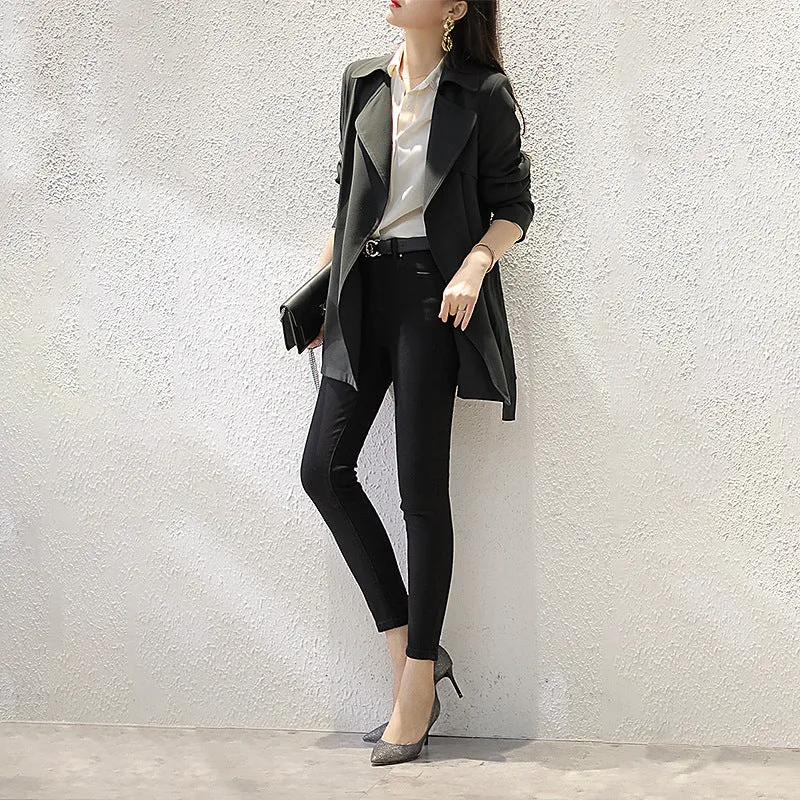 Damen Edles Trenchcoat mit Taillengürtel und praktischen Taschen Drune