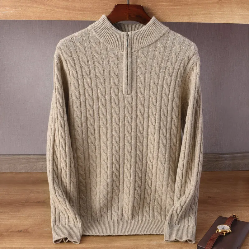 Herren Zopfmuster-Halbzip-Pullover aus weichem Wollmix mit Stehkragen Drune