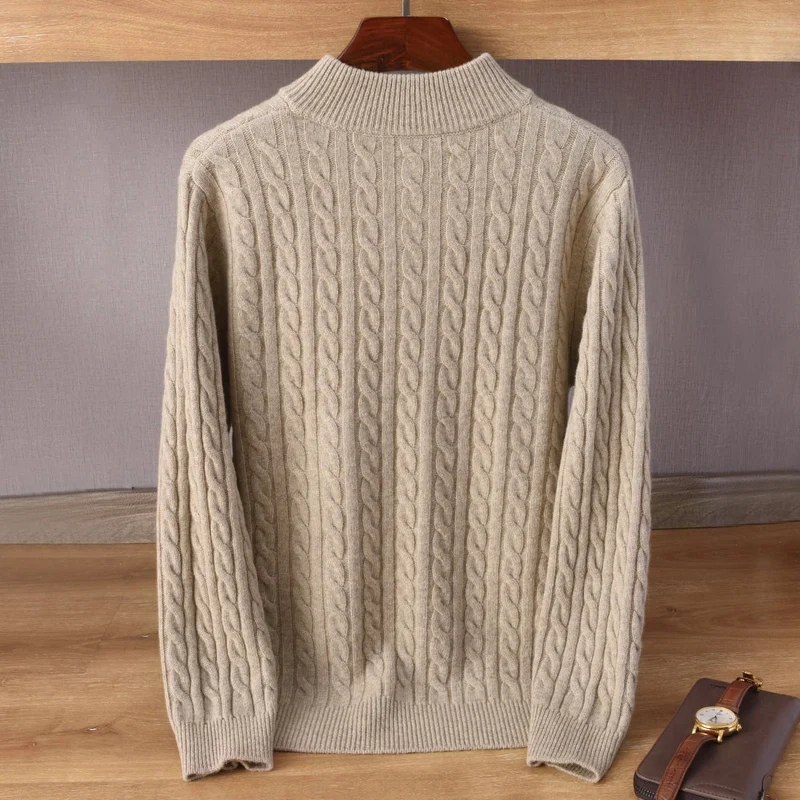 Herren Zopfmuster-Halbzip-Pullover aus weichem Wollmix mit Stehkragen Drune
