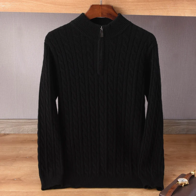 Herren Zopfmuster-Halbzip-Pullover aus weichem Wollmix mit Stehkragen Drune