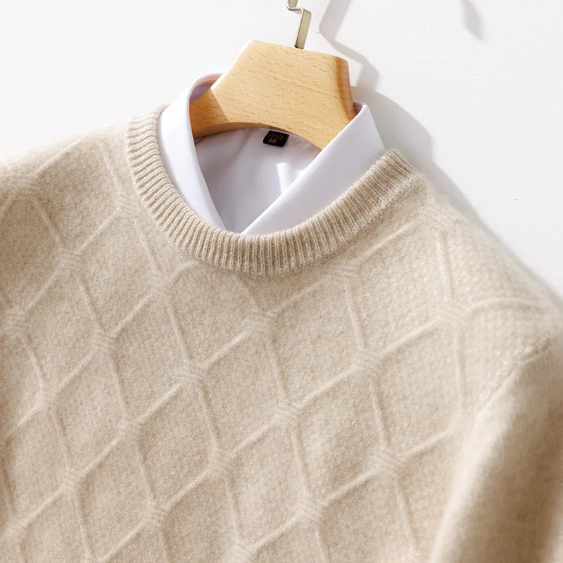 Herren Strukturierter Rauten‑Strickpullover mit Rundhalsausschnitt und kaschmirähnlicher Weichheit Drune