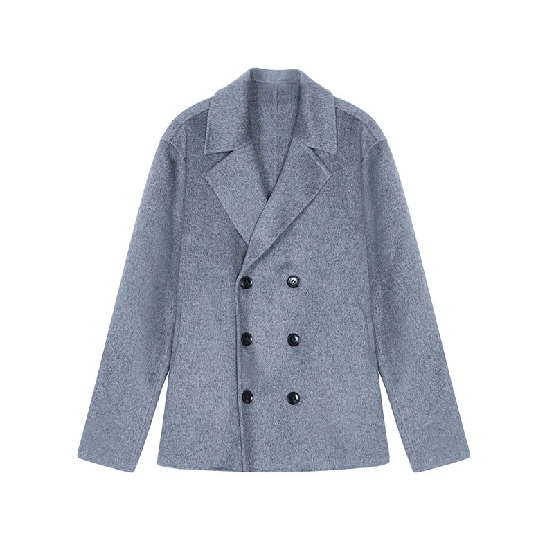 Herren Kurzer Doppelreiher Wollmix-Peacoat mit Reverskragen und Thermofutter Drune
