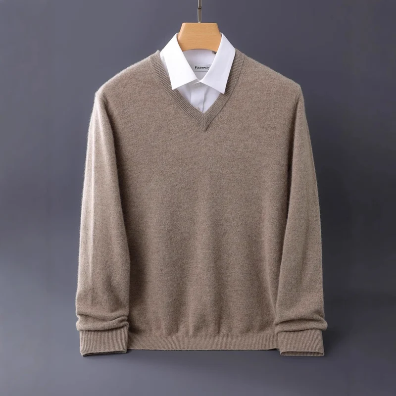 Herren Feiner V-Ausschnitt-Pullover aus Merino-Kaschmir-Mix mit gerippten Bündchen Drune
