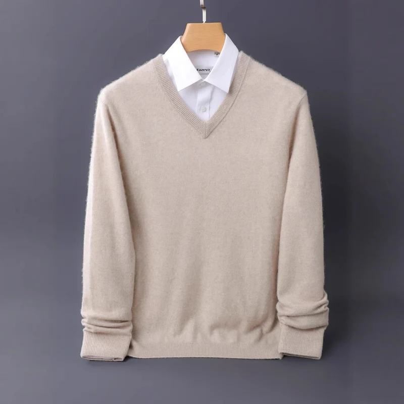 Herren Feiner V-Ausschnitt-Pullover aus Merino-Kaschmir-Mix mit gerippten Bündchen Drune