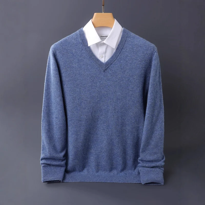 Herren Feiner V-Ausschnitt-Pullover aus Merino-Kaschmir-Mix mit gerippten Bündchen Drune