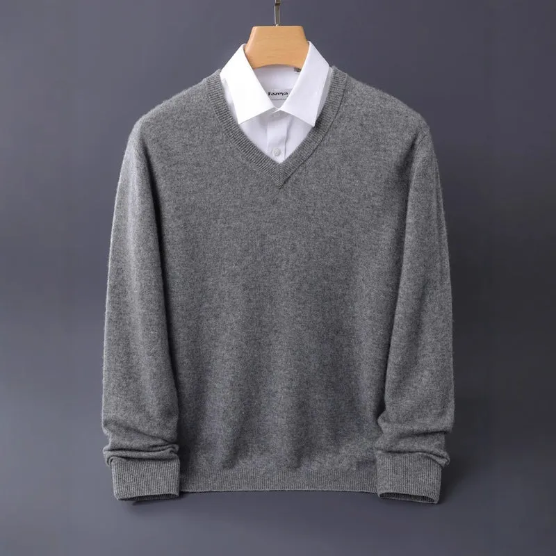 Herren Feiner V-Ausschnitt-Pullover aus Merino-Kaschmir-Mix mit gerippten Bündchen Drune