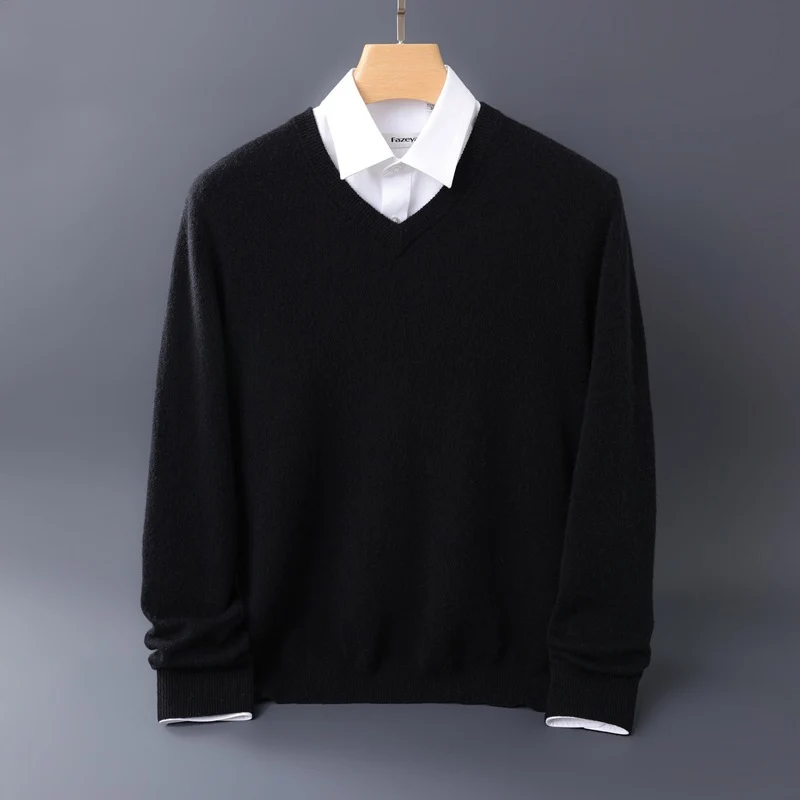 Herren Feiner V-Ausschnitt-Pullover aus Merino-Kaschmir-Mix mit gerippten Bündchen Drune