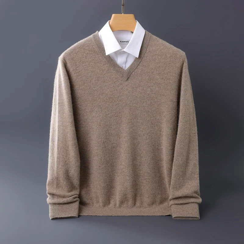 Herren Feiner V-Ausschnitt-Pullover aus Merino-Kaschmir-Mix mit gerippten Bündchen Drune