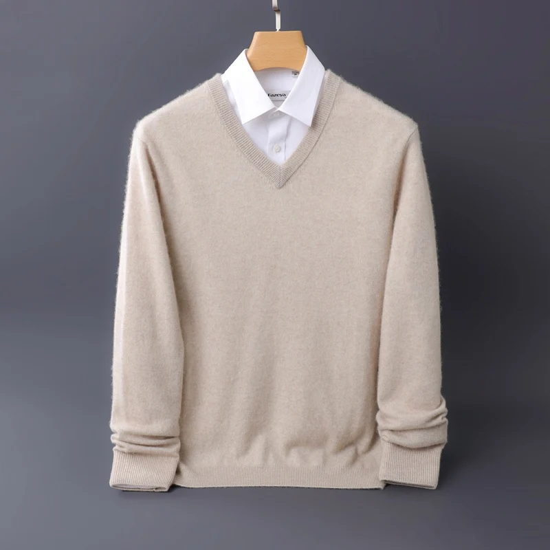 Herren Feiner V-Ausschnitt-Pullover aus Merino-Kaschmir-Mix mit gerippten Bündchen Drune