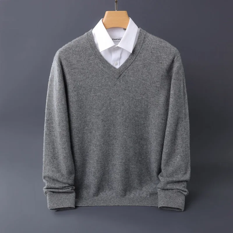 Herren Feiner V-Ausschnitt-Pullover aus Merino-Kaschmir-Mix mit gerippten Bündchen Drune