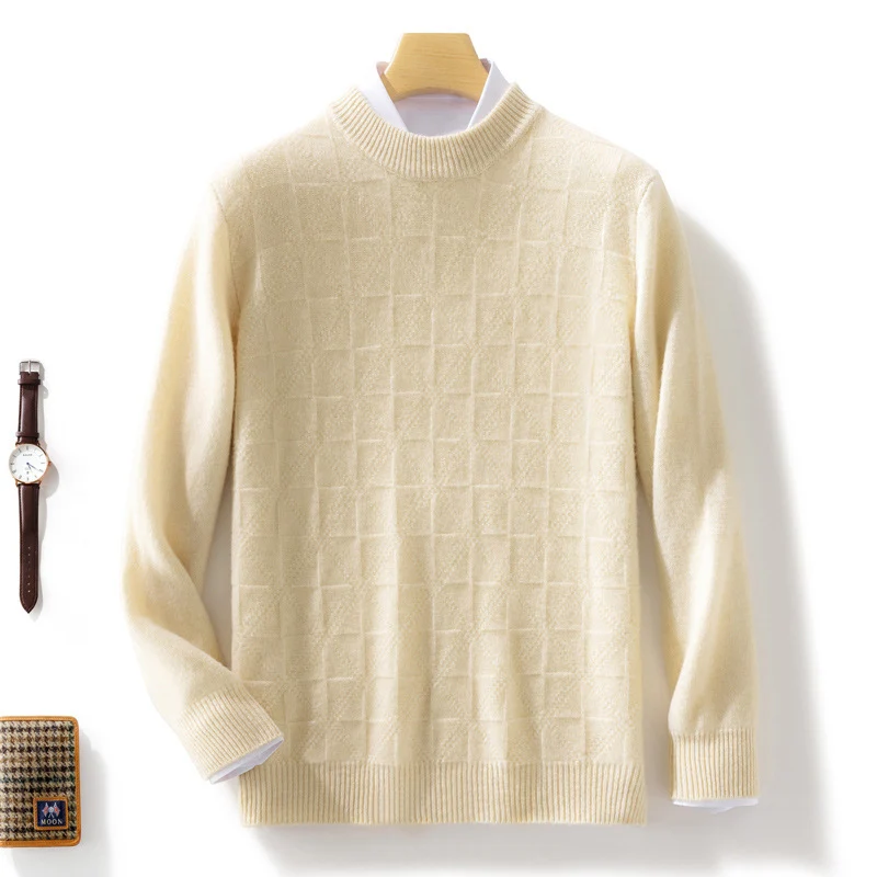 Herren Feiner Rollkragenpullover mit dezenter Quadratstruktur aus Kaschmir‑Mix Drune