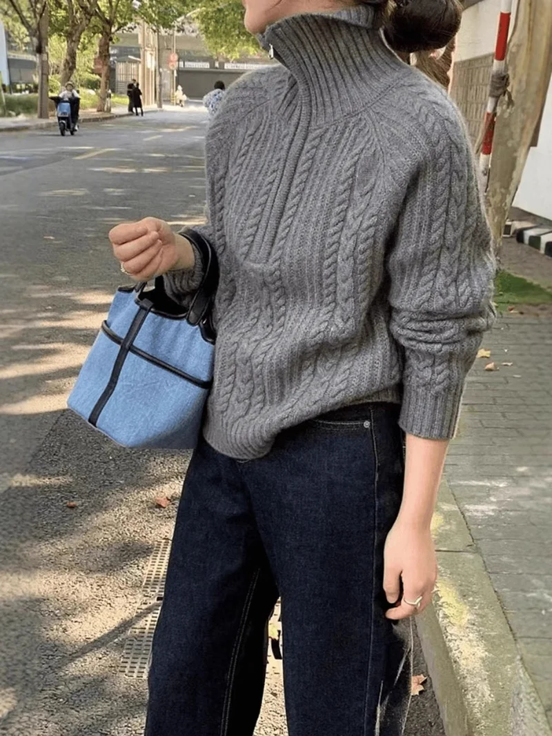 Damen Zopfstrick-Polokragenpullover mit Halbreißverschluss und weichem Mohair-Look Drune