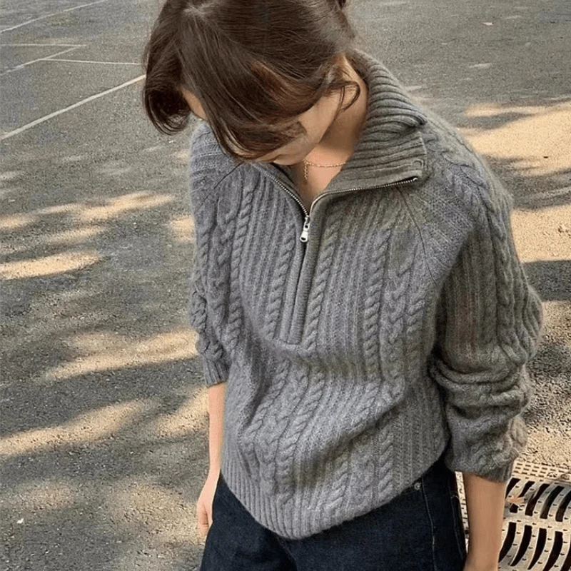 Damen Zopfstrick-Polokragenpullover mit Halbreißverschluss und weichem Mohair-Look Drune