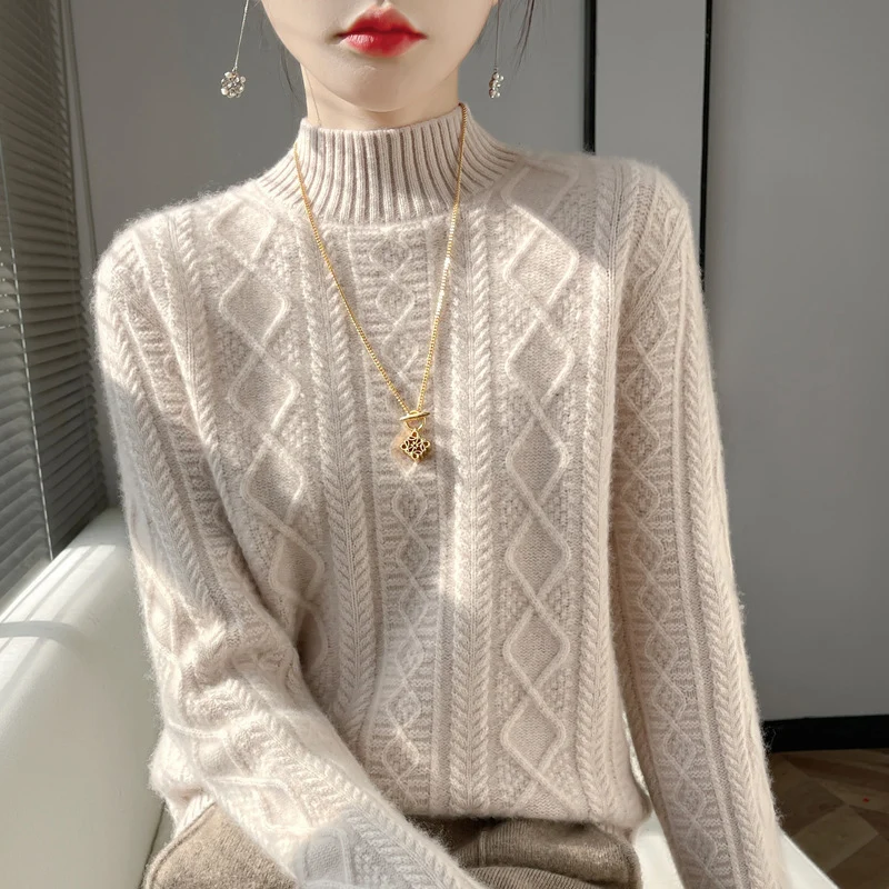 Damen Zopfmuster-Mockneckpullover mit feinem Ajour‑Detail und flauschiger Kaschmir‑Optik Drune