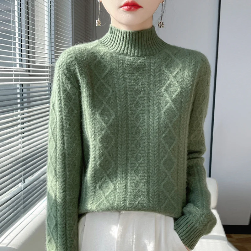 Damen Zopfmuster-Mockneckpullover mit feinem Ajour‑Detail und flauschiger Kaschmir‑Optik Drune