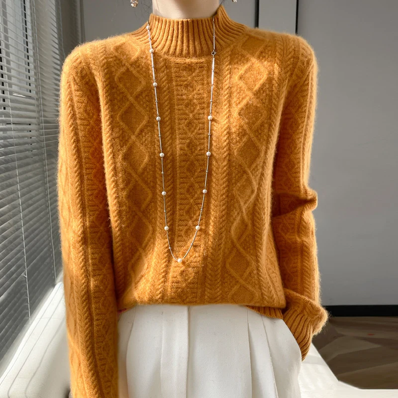 Damen Zopfmuster-Mockneckpullover mit feinem Ajour‑Detail und flauschiger Kaschmir‑Optik Drune