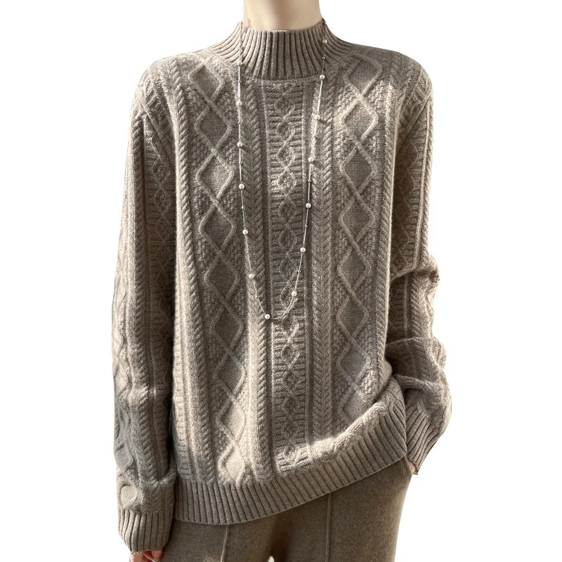 Damen Zopfmuster-Mockneckpullover mit feinem Ajour‑Detail und flauschiger Kaschmir‑Optik Drune