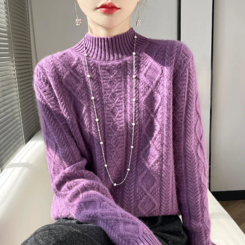 Damen Zopfmuster-Mockneckpullover mit feinem Ajour‑Detail und flauschiger Kaschmir‑Optik Drune