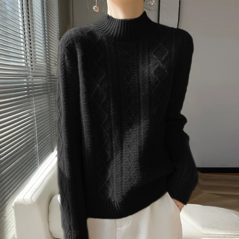Damen Zopfmuster-Mockneckpullover mit feinem Ajour‑Detail und flauschiger Kaschmir‑Optik Drune