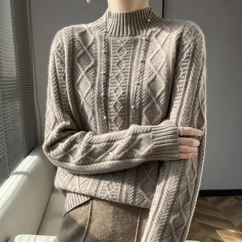 Damen Zopfmuster-Mockneckpullover mit feinem Ajour‑Detail und flauschiger Kaschmir‑Optik Drune