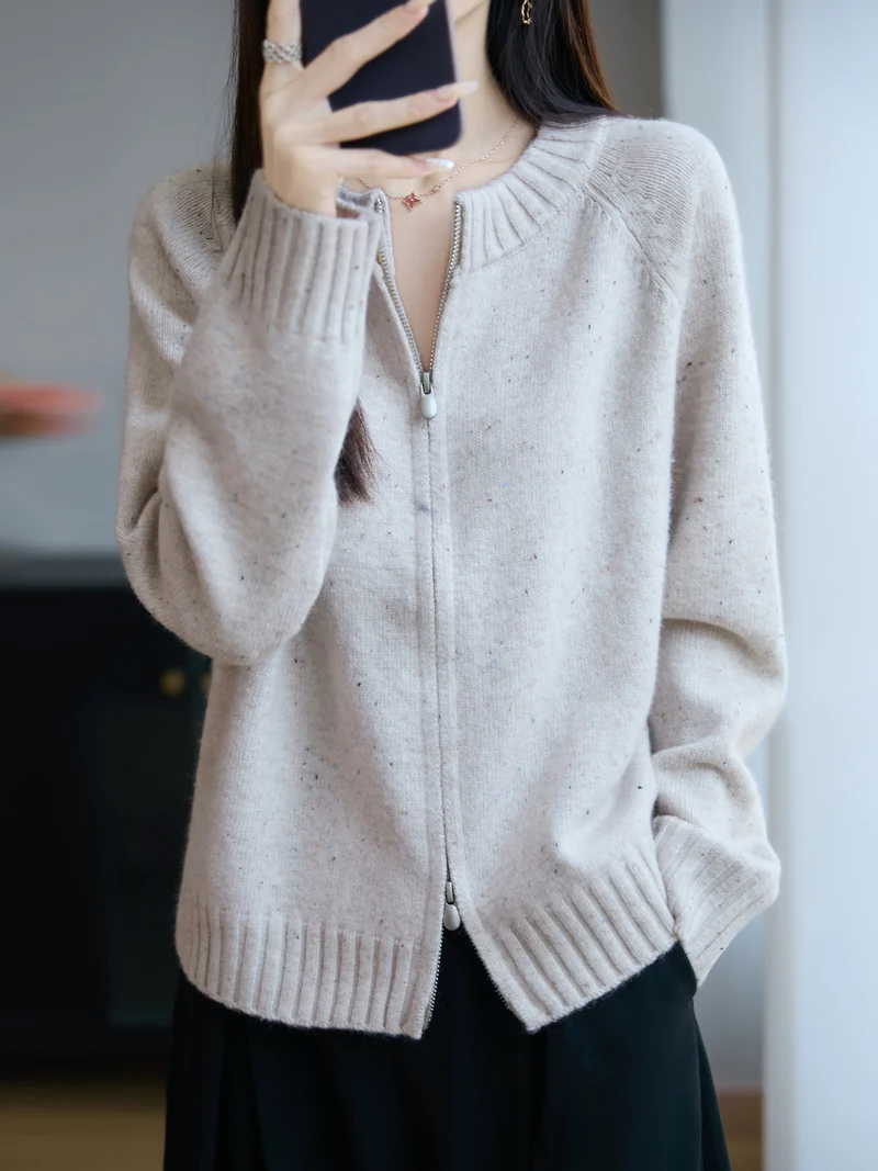 Damen Zip-Strickjacke mit Rundhalsausschnitt, feinem Nep‑Garn und gerippten Abschlüssen Drune