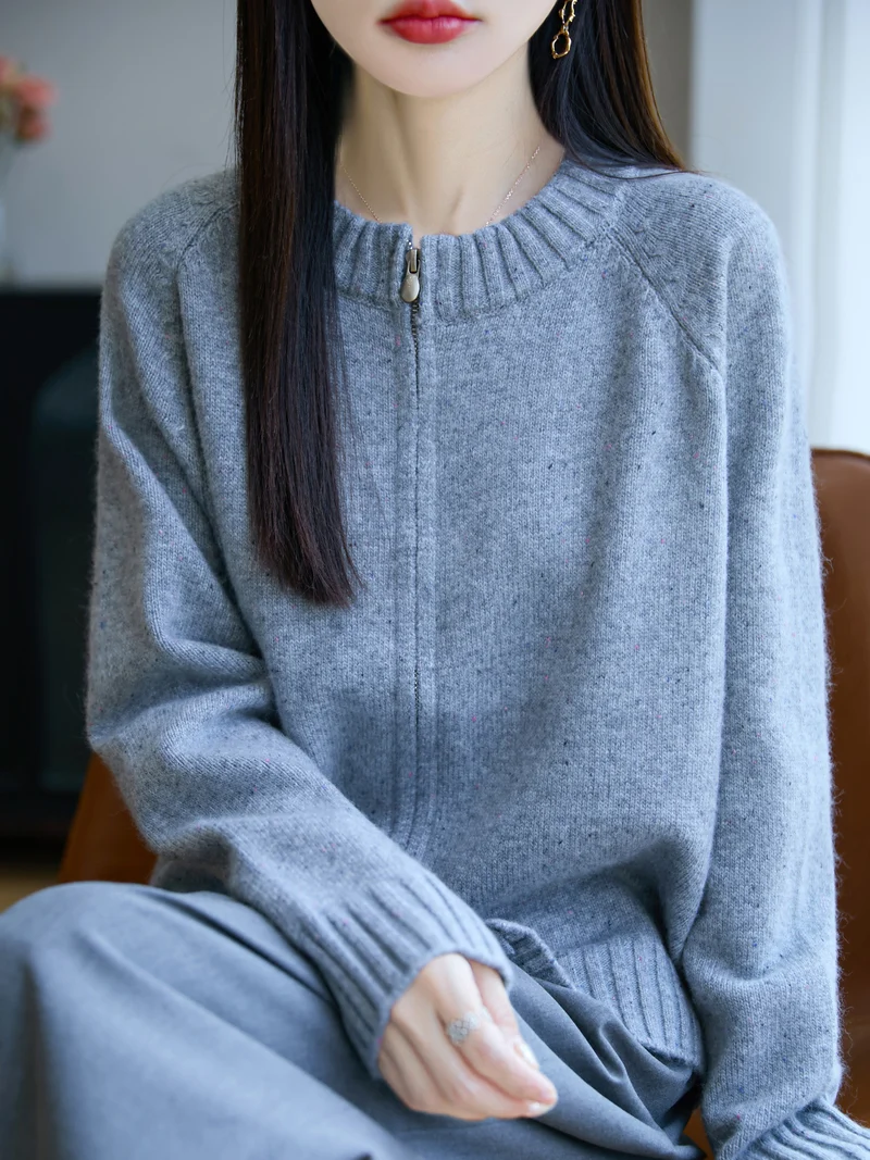 Damen Zip-Strickjacke mit Rundhalsausschnitt, feinem Nep‑Garn und gerippten Abschlüssen Drune