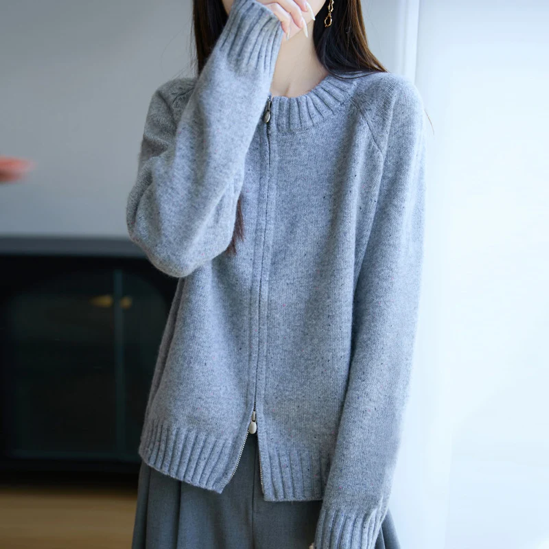 Damen Zip-Strickjacke mit Rundhalsausschnitt, feinem Nep‑Garn und gerippten Abschlüssen Drune