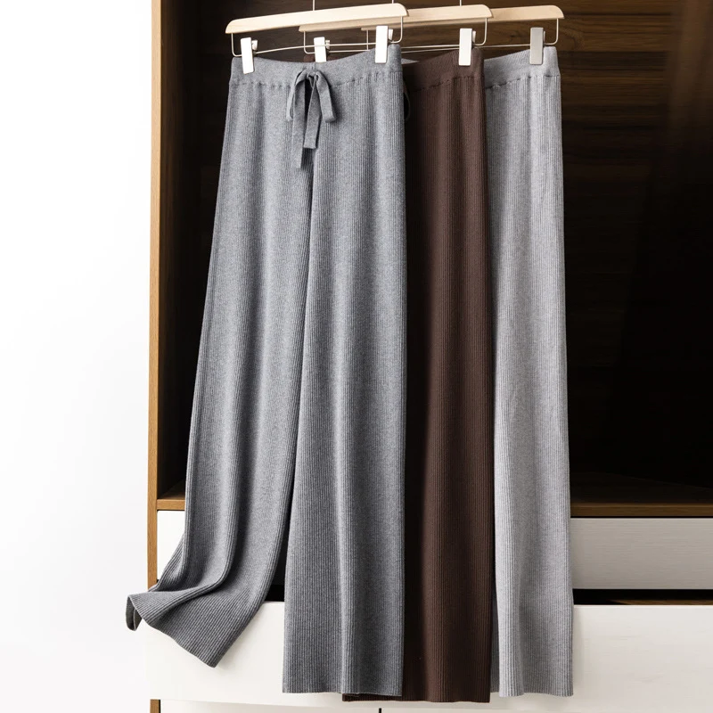 Damen Weite Rippstrick-Hose mit Tunnelzug und fließender Palazzo-Silhouette Drune