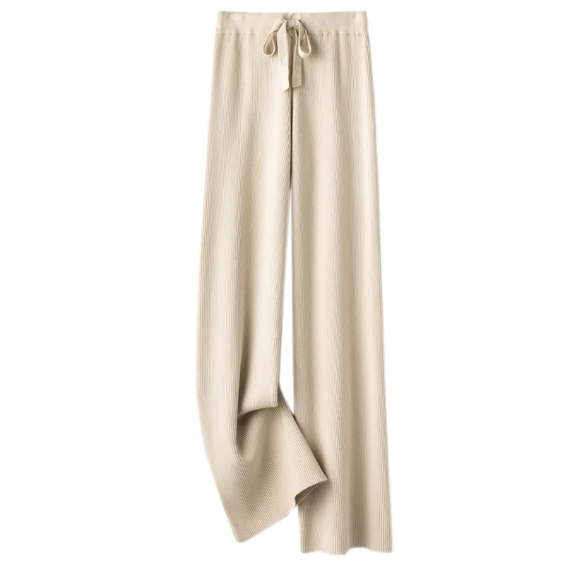 Damen Weite Rippstrick-Hose mit Tunnelzug und fließender Palazzo-Silhouette Drune