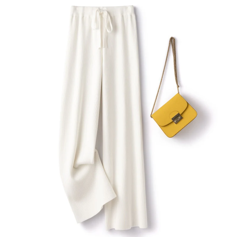 Damen Weite Rippstrick-Hose mit Tunnelzug und fließender Palazzo-Silhouette Drune
