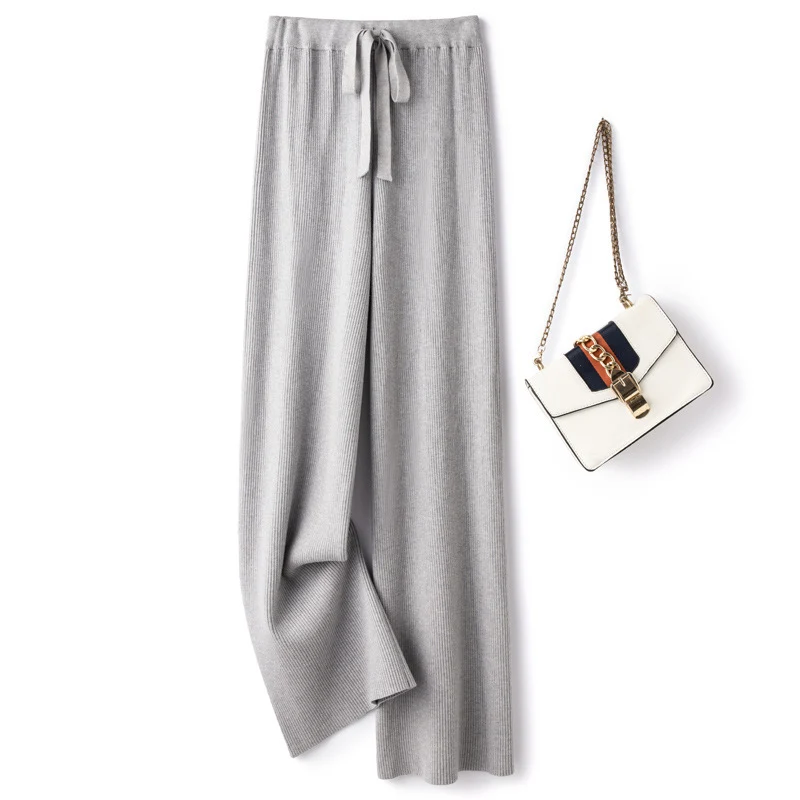 Damen Weite Rippstrick-Hose mit Tunnelzug und fließender Palazzo-Silhouette Drune