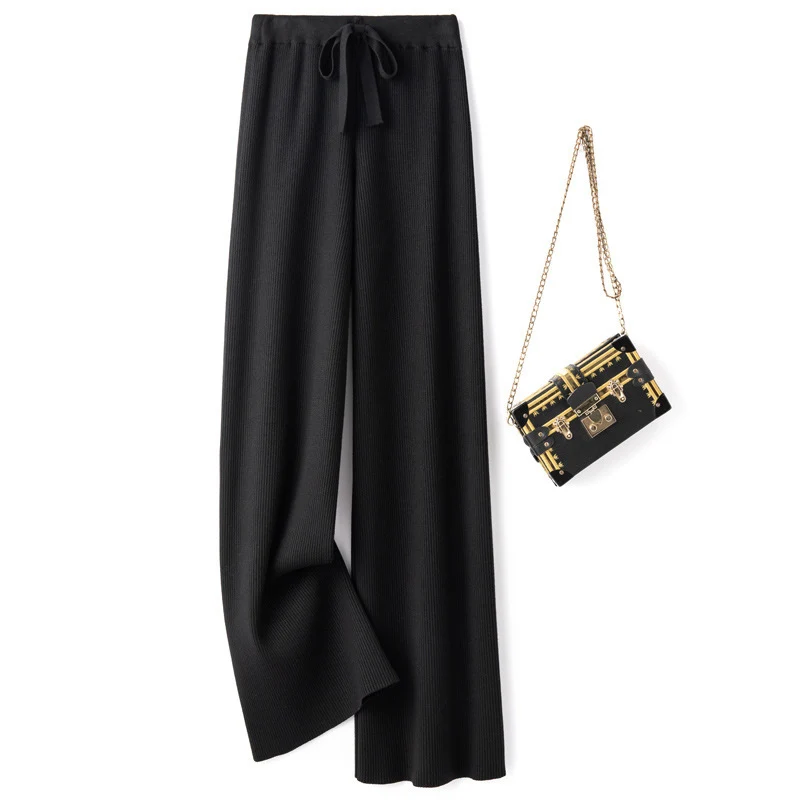 Damen Weite Rippstrick-Hose mit Tunnelzug und fließender Palazzo-Silhouette Drune