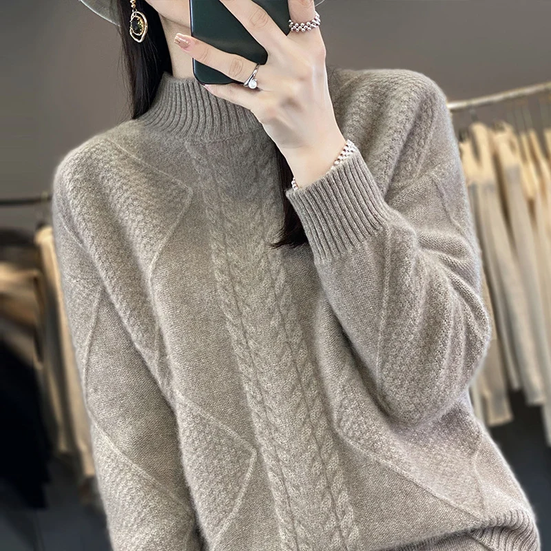 Damen Weicher Zopfstrick-Mockneckpullover mit Strukturpatches und flauschiger Mohair-Optik Drune