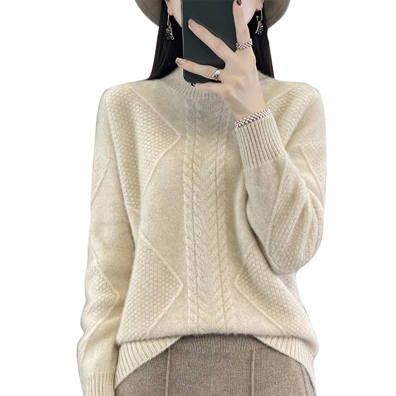 Damen Weicher Zopfstrick-Mockneckpullover mit Strukturpatches und flauschiger Mohair-Optik Drune