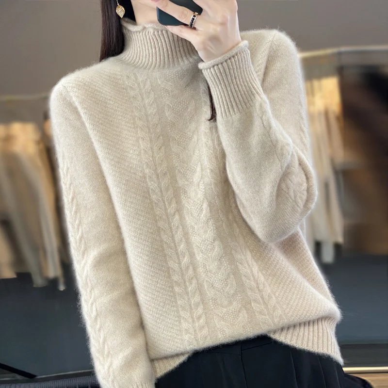 Damen Weicher Zopfstrick‑Mockneckpullover mit kaschmirähnlicher Haptik und verlängerten Rippbündchen Drune