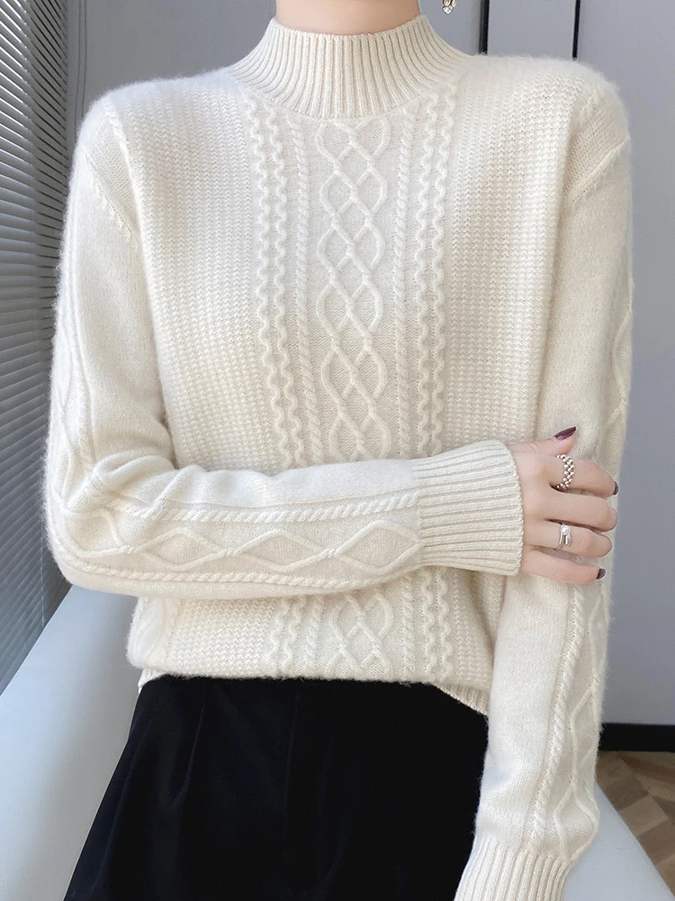 Damen Weicher Zopfstrick-Mockneck-Pullover mit leichtem Mohair-Effekt Drune