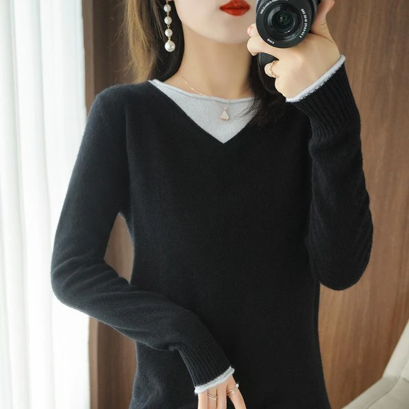 Damen Weicher V‑Ausschnitt-Pullover aus Kaschmir‑Look mit kontrastierter Kantenverzierung Drune