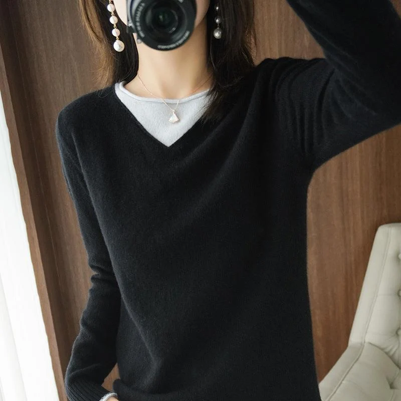 Damen Weicher V‑Ausschnitt-Pullover aus Kaschmir‑Look mit kontrastierter Kantenverzierung Drune
