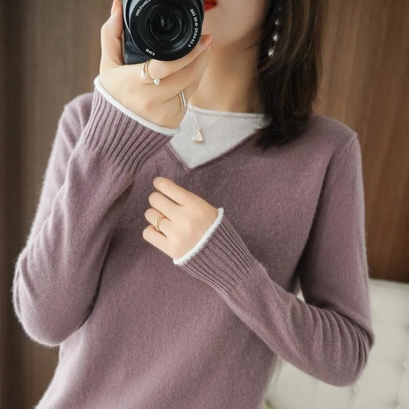 Damen Weicher V‑Ausschnitt-Pullover aus Kaschmir‑Look mit kontrastierter Kantenverzierung Drune