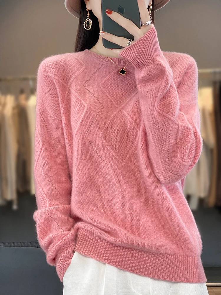 Damen Weicher Rautenmuster-Pullover im Mohair‑Look mit feiner Ajourstruktur und Rundhalsausschnitt Drune