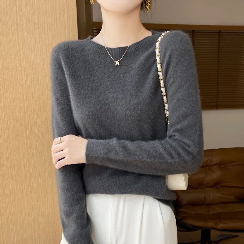 Damen Weicher Mohair‑Optik Rundhals‑Pullover mit feinem Rippsaum und leichter Oversize‑Passform Drune