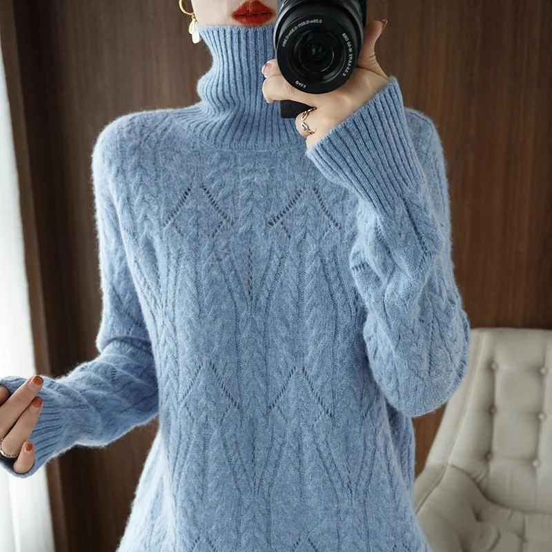 Damen Weicher Mohair‑Optik Oversize‑Rollkragenpullover mit Ajour‑Zopfstruktur Drune