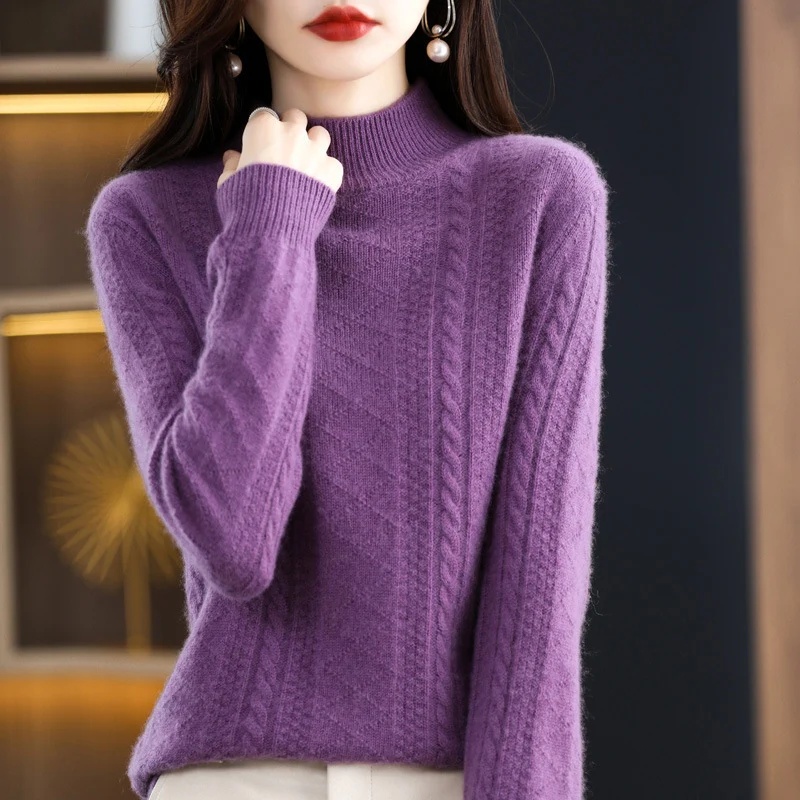 Damen Weicher Mohair‑Optik Mockneck‑Pullover mit Zopfmotiv und feinem Rippkragen Drune