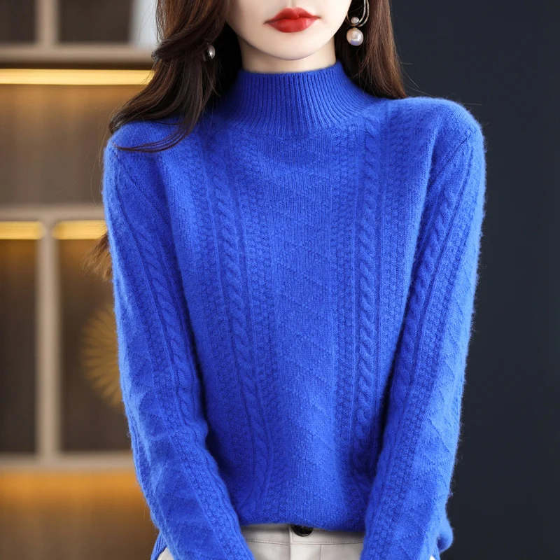Damen Weicher Mohair‑Optik Mockneck‑Pullover mit Zopfmotiv und feinem Rippkragen Drune