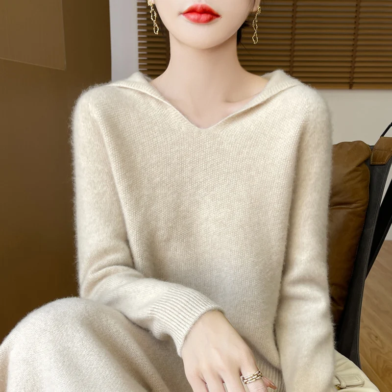 Damen Weicher Mohair‑Optik Kapuzenpullover mit V‑Ausschnitt und geripptem Saum Drune