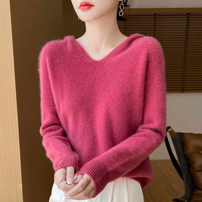 Damen Weicher Mohair‑Optik Kapuzenpullover mit V‑Ausschnitt und geripptem Saum Drune