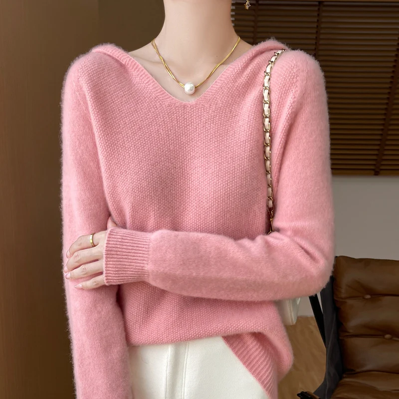 Damen Weicher Mohair‑Optik Kapuzenpullover mit V‑Ausschnitt und geripptem Saum Drune