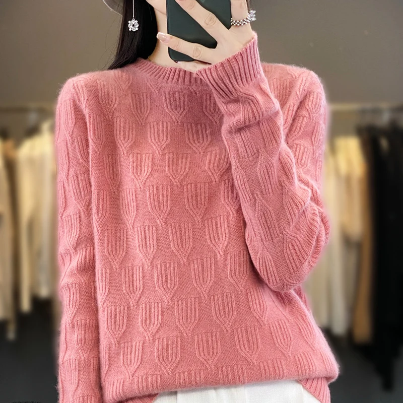 Damen Weicher Mohair‑Look Rundhalspullover mit erhabener Tulpenstruktur Drune